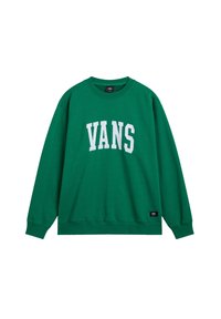 Sudadera verde con letras blancas "VANS" en la parte frontal, cuello redondo, mangas largas, puños y dobladillo acanalados, hecha de tejido suave.