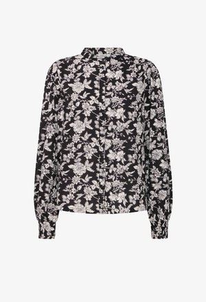 Black blouse with white floral pattern, featuring a button-down front, long sleeves, and a banded collar. Made from lightweight fabric.