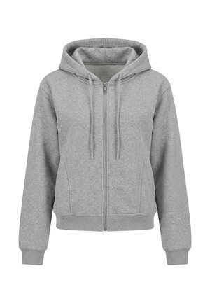 Jasnoszara bluza z kapturem zapinana na suwak, ze sznurkami, długimi rękawami, przednimi kieszeniami oraz prążkowanymi mankietami i dołem, przedstawiona na jednolitym tle.