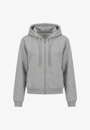 Jasnoszara bluza z kapturem zapinana na suwak, ze sznurkami, długimi rękawami, przednimi kieszeniami oraz prążkowanymi mankietami i dołem, przedstawiona na jednolitym tle.