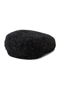 Czarna wełniana beretka o teksturowanym, nakrapianym wzorze. Zaokrąglony kształt z gładkim wykończeniem i subtelnym przeszyciem wzdłuż krawędzi.