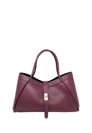 Borsa a mano in pelle viola scuro con forma rettangolare curva, doppi manici e una striscia centrale con chiusura a scatto in metallo dorato.