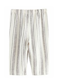 Leichte, cremefarbene, aus einer Leinenmischung gefertigte, cropped Hose mit abwechselnden dunkelgrauen Streifen. Verfügt über einen elastischen Bund für zusätzlichen Komfort.