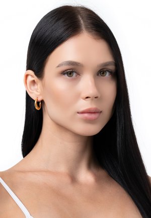 Orecchini a cerchio in oro con un design testurizzato. Il soggetto ha lunghi capelli neri lisci e una pelle liscia, indossando un trucco minimale.