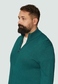 Tarnfarbener Reißverschluss-Pullover aus weichem Strickstoff mit hohem Kragen. Verfügt über einen Front-Reißverschluss und ist einfarbig ohne Muster oder Verzierungen.