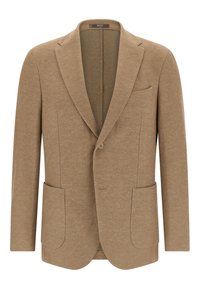 Brązowa marynarka w jodełkę z klapami z wycięciami, zapinana na jeden guzik, z dwoma przednimi kieszeniami i kieszenią na piersi. Teksturowany materiał. Minimalistyczny design.