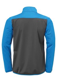 Herrenjacke mit oberem blauem Abschnitt und unterem grauem Abschnitt, hohem Kragen, langen Ärmeln und glatter Oberfläche.