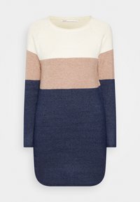 Robe-pull à blocs de couleurs avec des rayures crème, beige et marine. Encolure ronde côtelée et manches longues. Texture douce, coupe décontractée, ourlet arrondi.