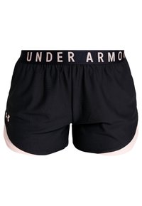 Black athletic shorts with a wide waistband featuring “Under Armour” in light pink text. Includes light pink side accents and a smooth texture.