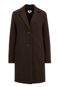 Brun ullblandad kappa med slagkrage, två knappar, sidofickor och rak silhuett, designad för värme och mångsidighet.