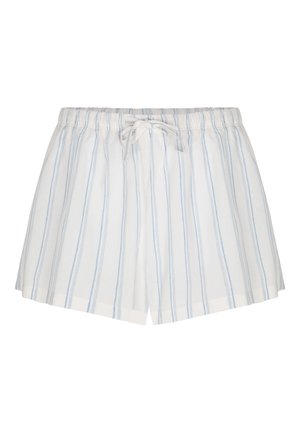 Weiße Shorts mit hellblauen vertikalen Streifen, elastischem Bund und einem Kordelzug vorne.