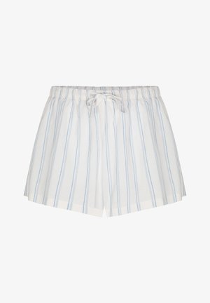 Shorts blancs à rayures verticales bleu clair, taille élastique et cordon de serrage à l'avant.