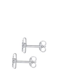 Boucles d'oreilles en argent sterling avec de petites pierres précieuses rondes transparentes, présentant une forme simple et un fermoir papillon pour un port sécurisé.