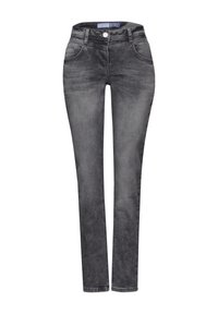 Jeans grigi slim-fit in una stoffa di denim sbiadito. Caratteristiche includono un design a cinque tasche, passanti per cintura e chiusura con bottone in metallo.