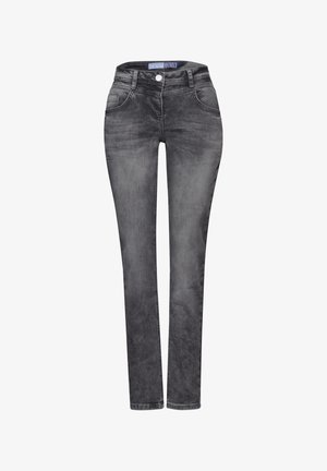 Slim-fit gray jeans in a faded denim material. Features include five pocket design, belt loops, and a metal button closure.