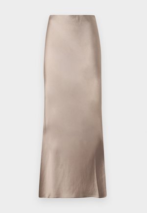 Satin midi skirt in a light taupe color. Smooth texture, fitted silhouette, and slight flare at the hem, creating a sleek appearance.