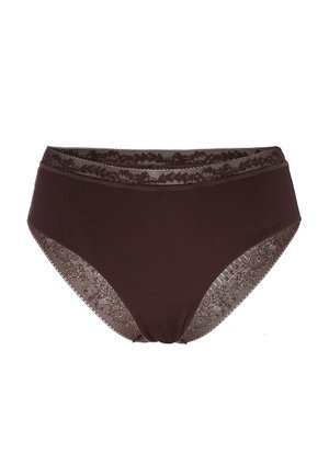 Mutande alte color cioccolato con vita alta, caratterizzate da una fascia in pizzo e pannelli laterali, con un corpo in tessuto liscio e dettagli con motivo floreale in pizzo.