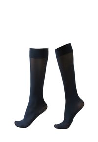 Svarta knähöga strumpor, gjorda av ett slätt, elastiskt material, med en enhetlig färg och ribbad överdel. Inga mönster eller dekorationer.