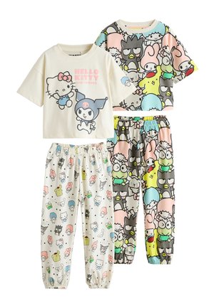 Dwa zestawy dziecięcych piżam z krótkimi rękawami i spodniami z elastycznym pasem ozdobione kolorowymi nadrukami postaci Hello Kitty i przyjaciół.