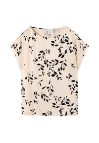 Beige short-sleeve top with a round neckline, featuring a black leaf pattern throughout and a relaxed fit. Made of soft, lightweight fabric.