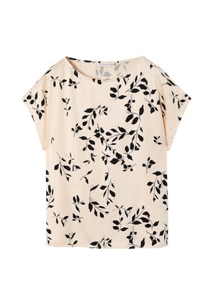 Beige short-sleeve top with a round neckline, featuring a black leaf pattern throughout and a relaxed fit. Made of soft, lightweight fabric.
