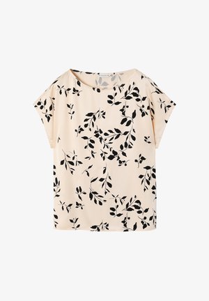 Béžový top s krátkým rukávem a kulatým výstřihem, zdobený černým vzorem listů a volným střihem. Vyrobeno z měkké, lehké tkaniny.