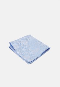 Light blue paisley patterned pocket square with intricate detailing, made of silk fabric, folded neatly with a smooth texture.