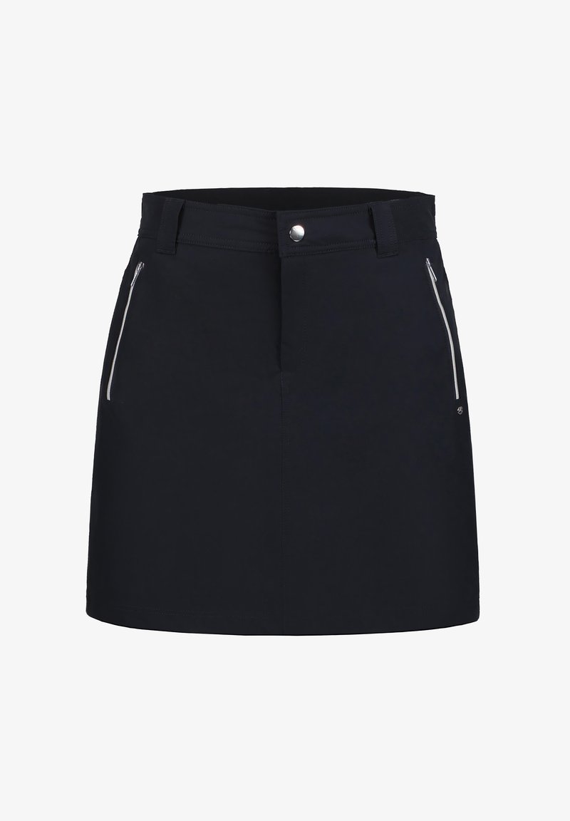 Jupe noire avec une taille ajustée, deux poches latérales zippées et une coupe droite. Fabriquée en tissu lisse avec un subtil éclat.