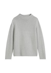 Jasnoszary sweter dziany z okrągłym dekoltem, długimi rękawami i fakturowanym wykończeniem. Prosty design, bez widocznych wzorów i ozdób.