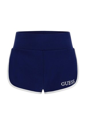 Marine sportshorts met witte details, voorzien van een gladde textuur en een elastische tailleband. "GUESS" logo geborduurd aan de voorkant.