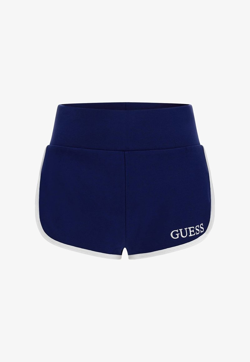 Marine sportshorts met witte details, voorzien van een gladde textuur en een elastische tailleband. "GUESS" logo geborduurd aan de voorkant.