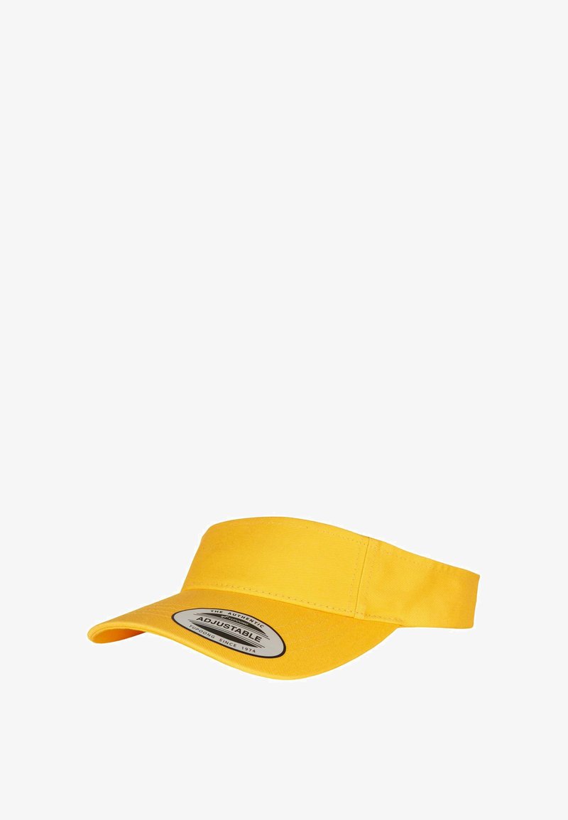 Yellow adjustable visor made of fabric with a curved brim and a decorative label featuring "ADJUSTABLE." Smooth texture, simple design.