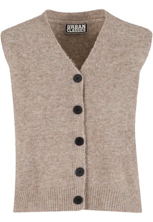 Beige gestrickte ärmellose Strickjacke mit tiefem V-Ausschnitt, fünf schwarzen Knöpfen vorne und geripptem Saum. Weiche Textur und lässiges Design.