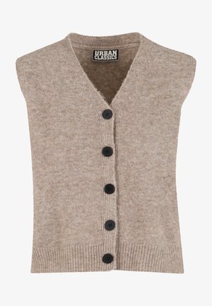 Beige gestrickte ärmellose Strickjacke mit tiefem V-Ausschnitt, fünf schwarzen Knöpfen vorne und geripptem Saum. Weiche Textur und lässiges Design.