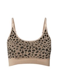 Beige naadloze bralette met zwart luipaardprintpatroon, verstelbare bandjes en een brede geribde onderband.