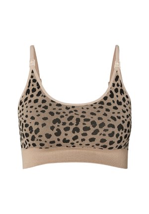 Beige naadloze bralette met zwart luipaardprintpatroon, verstelbare bandjes en een brede geribde onderband.