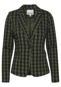 Blazer con motivo pied de poule nero e verde con chiusura a un bottone, revers appuntiti e due tasche frontali. Tessuto strutturato.