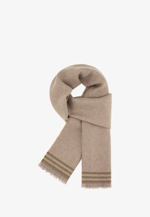 Beige wollen sjaal met een visgraatpatroon en bruine gestreepte accenten. Heeft rafelige randen en een zachte, textuurachtige afwerking.