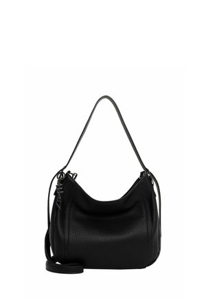 Black leather shoulder bag with a textured finish, curved shape, single strap, side zipper details, and a multi-functional crossbody strap.