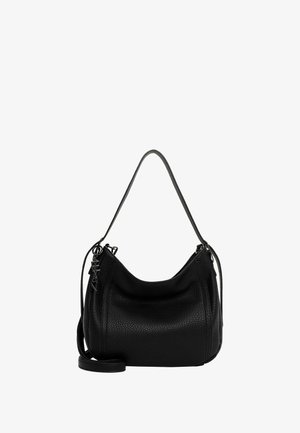 Schwarze Leder-Schultertasche mit strukturierter Oberfläche, geschwungener Form, einem einzigen Tragegurt, seitlichen Reißverschlussdetails und einem multifunktionalen Crossbody-Gurt.