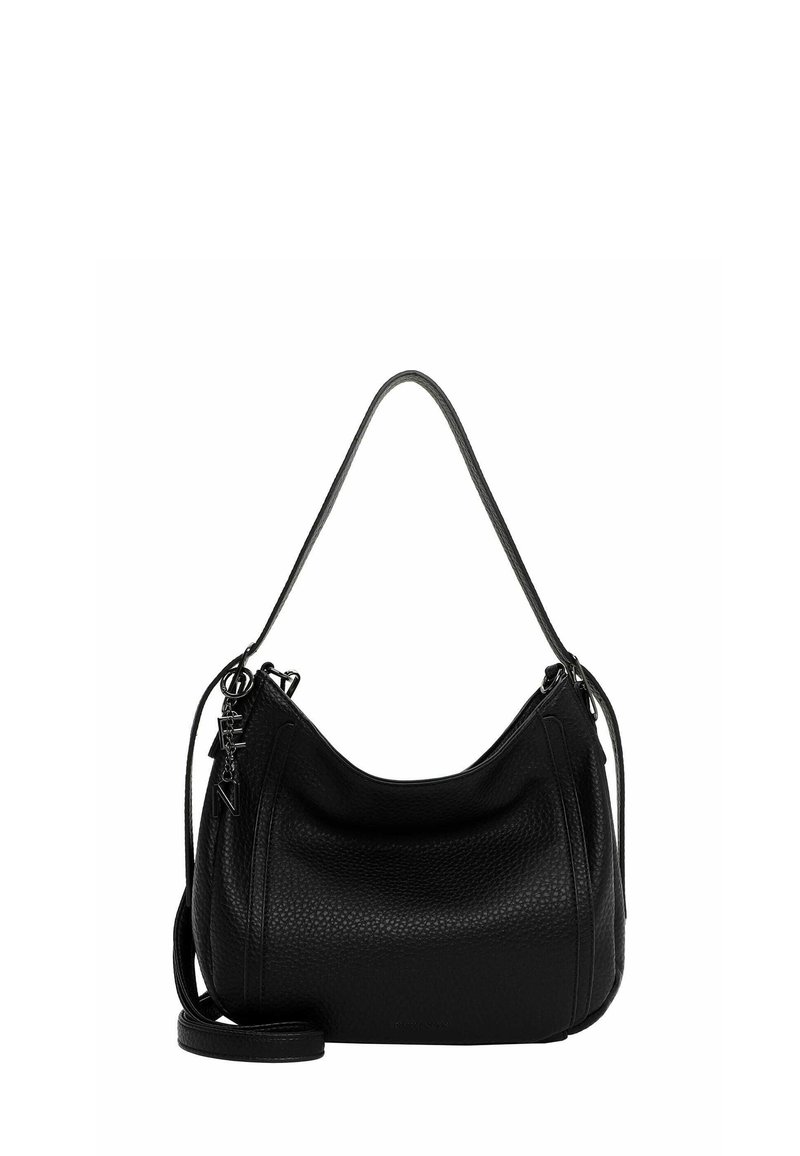 Zwarte leren schoudertas met een gestructureerde afwerking, gebogen vorm, enkele schouderriem, details met zijrits en een multifunctionele crossbody-riem.