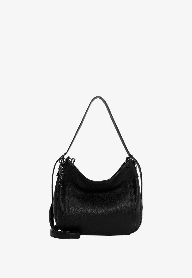 Czarna skórzana torba na ramię o teksturowanym wykończeniu, zakrzywionym kształcie, z jedną rączką, detalami zamka błyskawicznego z boku oraz wielofunkcyjnym paskiem na ramię.