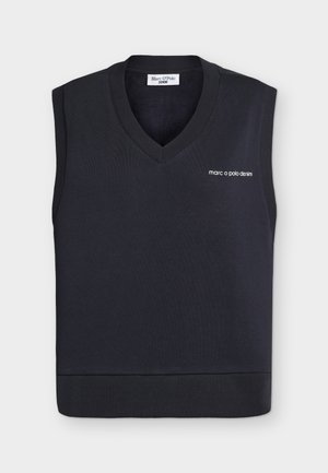 Maglione senza maniche blu navy con scollo a V e orlo a coste. Presenta un logo ricamato in bianco sul davanti. Tessuto morbido e lavorato a maglia.