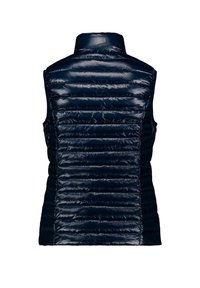 Marineblauer ärmelloser Steppweste mit horizontaler Steppung und hohem Kragen, von hinten auf einem weißen Hintergrund gezeigt.