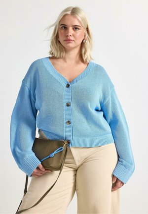 Donna bionda che indossa un cardigan azzurro chiaro con bottoni e pantaloni beige, con una borsa a tracolla verde oliva con dettaglio blu su sfondo bianco.