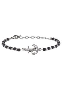 Pulsera de encanto con ancla plateada que presenta cuentas negras y plateadas, con una cadena vinculada y cierre de gancho. Elementos texturizados y diferentes tamaños de cuentas.