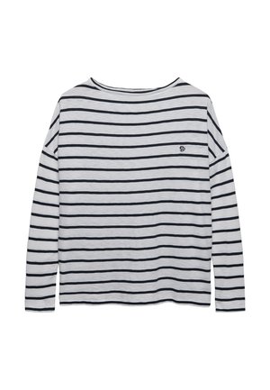 Koszula z długim rękawem w poziome białe i czarne paski oraz małe wyszywane logo na górnej lewej stronie klatki piersiowej.