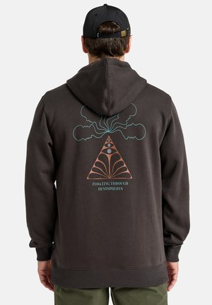 Dark gray hoodie with a large triangular graphic in copper and blue on the back, featuring abstract shapes and the text "FLOATING THROUGH HEMISPHERES."