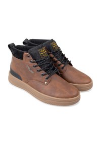 Brown textured leather ankle boots with black accents, lace-up design, and a rubber sole. Features a logo patch on the tongue.