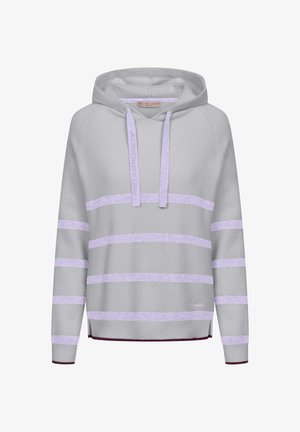 Szara bluza z kapturem z lawendowymi paskami, z kapturem na sznurki, ściągaczami na rękawach i bordowym akcentem na dole.
